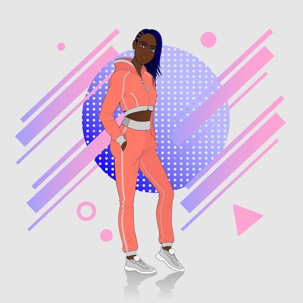 Vector chica atleta adolescente, en un chándal rosa. peinado azul con estilo. un hombre en una pose de cuerpo entero.