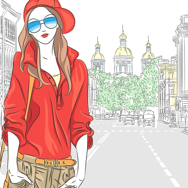 Vector chica atractiva de moda en blusa roja, gorra y gafas en la calle en san petersburgo