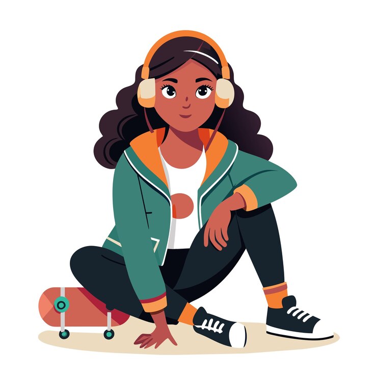 Vector una chica con auriculares y una chaqueta que dice "es un skateboard"