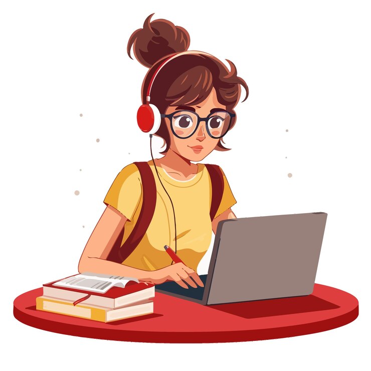 Vector una chica con auriculares y una computadora portátil en una mesa con un libro titulado la palabra