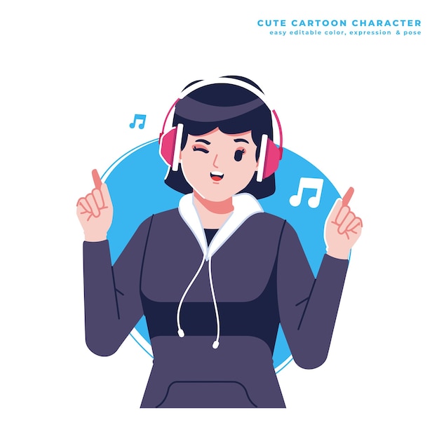 chica de auriculares de música personaje de dibujos animados