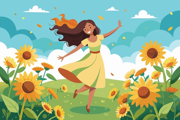 Vector una chica bailando en un campo de girasoles