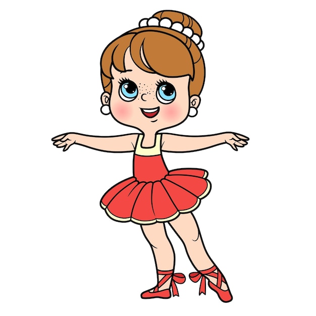 Chica bailarina de dibujos animados en una exuberante variación de color de tutú para colorear página aislada en un fondo blanco