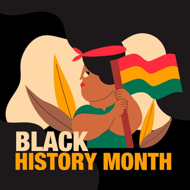 Chica con una bandera en la mano ilustración vectorial dibujada a mano en un mes de historia negra de fondo oscuro