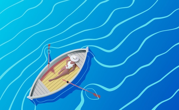 Chica en un barco sobre las olas ilustración vectorial de un barco con una chica y remos sobre las olas