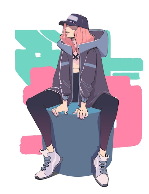 Chica bastante joven inconformista en elegante chaqueta gris y sombrero. Estilo de moda de la calle.