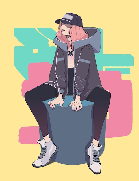 Chica bastante joven inconformista en elegante chaqueta gris y sombrero. Estilo de moda de la calle.