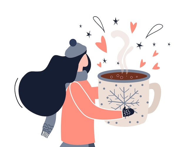 Chica con una bebida caliente en una taza de hierro. ilustración de invierno en estilo plano