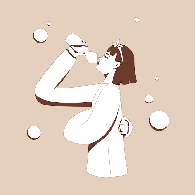 Chica bebiendo agua, autocuidado. Concepto de autocuidado de la mujer. Una niña, ilustración plana, monocromo.