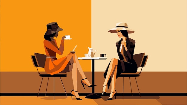 Chica bebiendo café Chica joven y elegante sentada en una cafetería Ilustración plana vectorial al estilo de los años setenta Café acogedor de la mañana