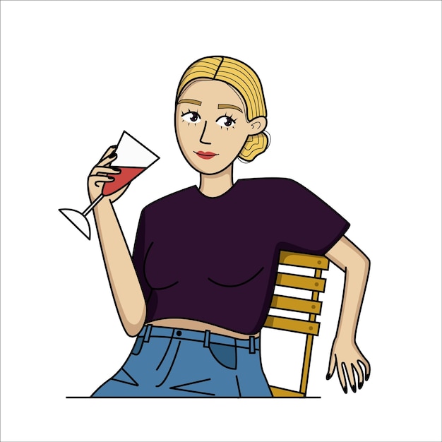 Chica bebiendo vino tinto en una silla vector hermosa chica con vino