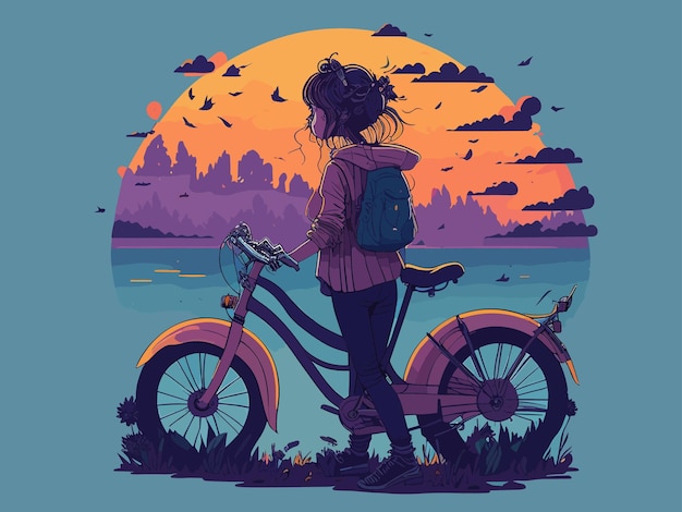 Vector chica en bicicleta con un atardecer de fondo