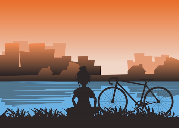 Chica y bicicleta en la orilla en ilustración vectorial ciudad