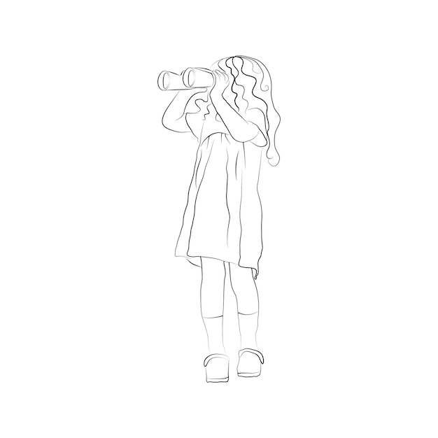 Vector una chica con binoculares mira a lo lejos. contorno en blanco y negro