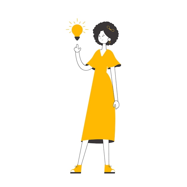 Chica y bombilla Idea concepto Vector Línea aislada estilo de arte