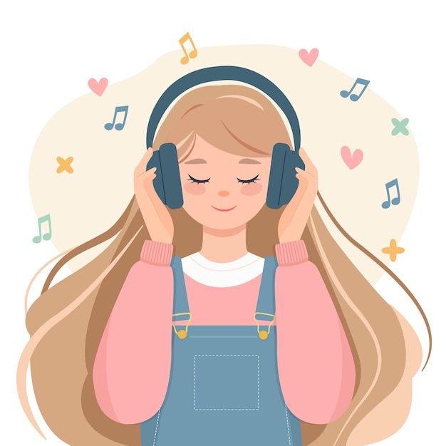 Una chica bonita con auriculares está escuchando música Ilustración vectorial Tarjeta postal
