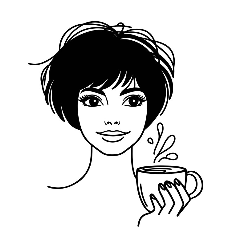 Chica bonita con café en las manos mujer joven arte de línea en blanco y negro