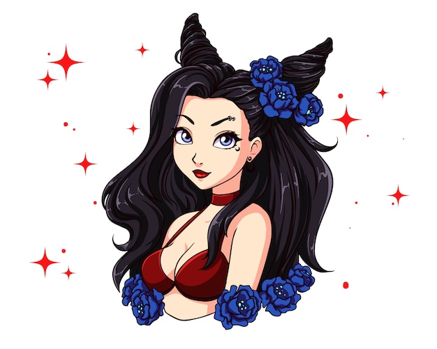 Chica bonita caricatura con cabello negro ondulado, vestido con traje de baño rojo y corona.