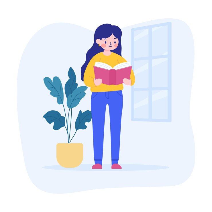 Vector chica bonita personaje de dibujos animados leyendo un libro con decoración de plantas