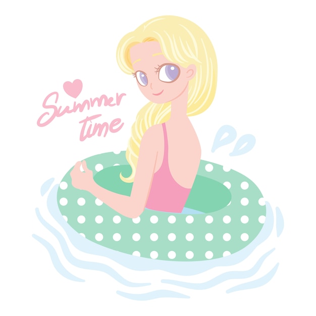 Vector chica bonita personaje de dibujos animados traje de baño verano