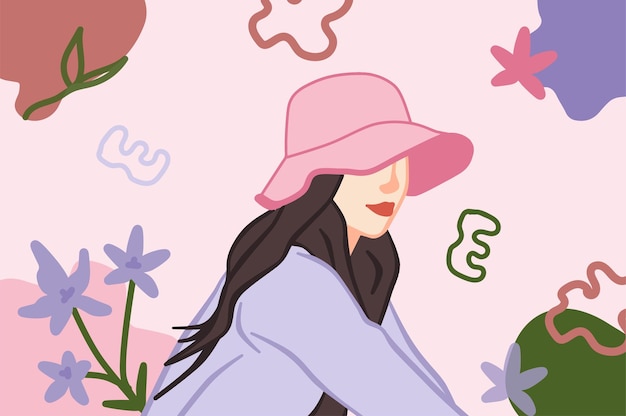 Chica bonita con sombrero rosa y vector de ilustración de fondo floral