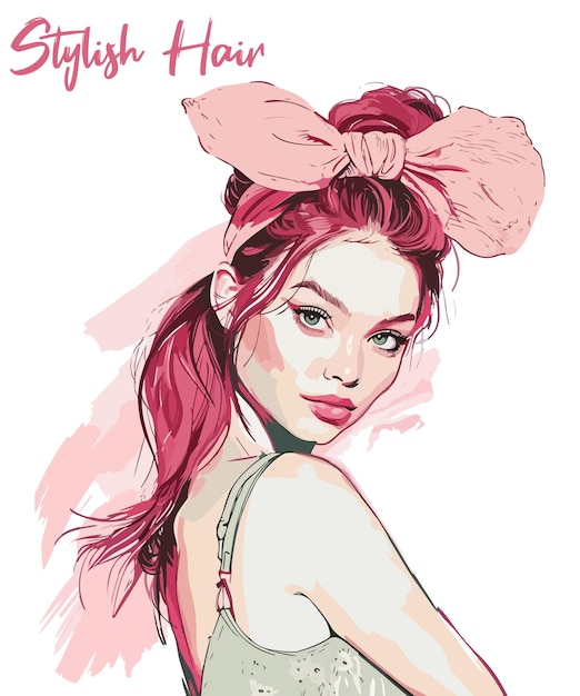 Una chica bonita con un traje y un lazo en la cabeza una ilustración vectorial de cabello elegante