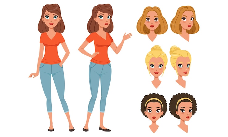 Vector chica bonita en varias poses y cortes de cabello set mujer joven hermosa creación de personajes ilustración vectorial de dibujos animados