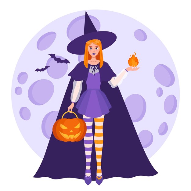 Chica bruja con una bola de fuego en la mano y calabaza naranja de Halloween en el fondo de una luna llena y murciélagos. Símbolo tradicional de Halloween y elemento decorativo. Ilustración aislada de dibujos animados de vector