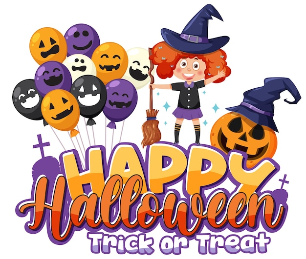 Chica bruja con logo de fuente feliz halloween