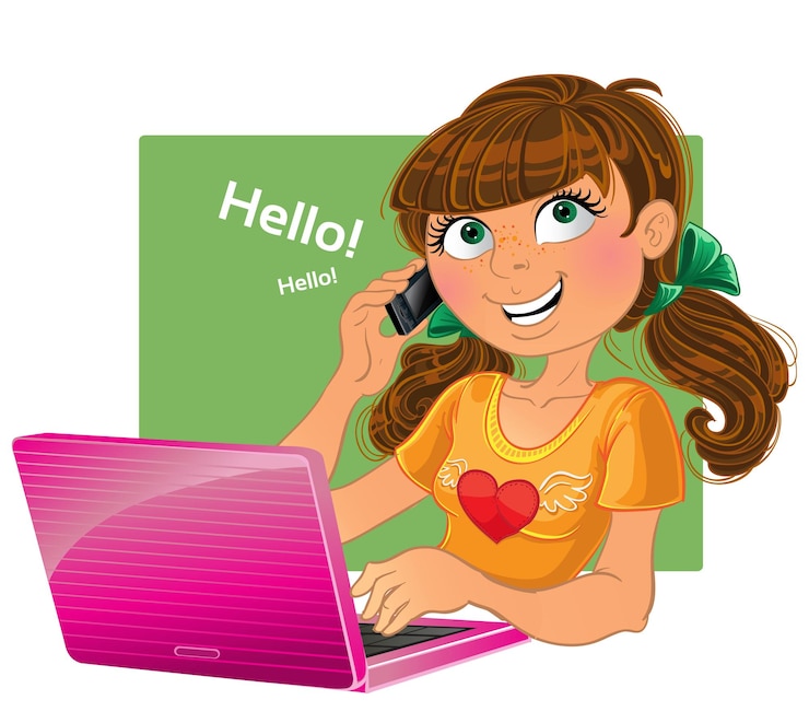 Vector chica de cabello castaño con teléfono y portátil rosa.