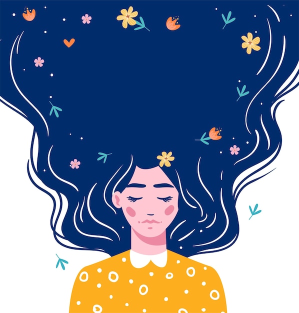 Chica con cabello largo con espacio para tu texto. Mano dibujada chica hermosa de pelo largo con flores. Ilustración moderna. Plantilla para tarjetas, saludos, flyer, banner.