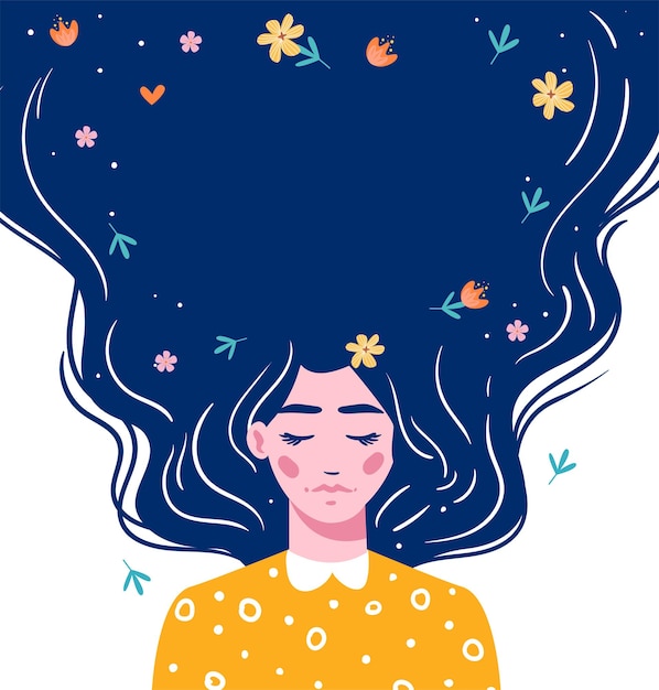 Chica con cabello largo con espacio para tu texto. mano dibujada chica hermosa de pelo largo con flores. ilustración moderna. plantilla para tarjetas, saludos, flyer, banner.