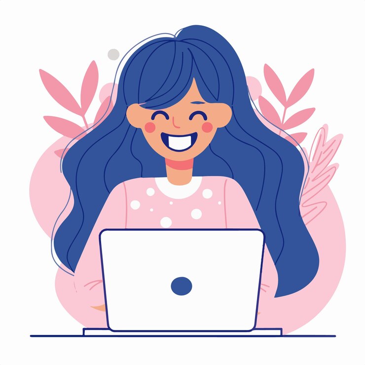 Vector una chica con el cabello largo está sentada frente a una computadora portátil