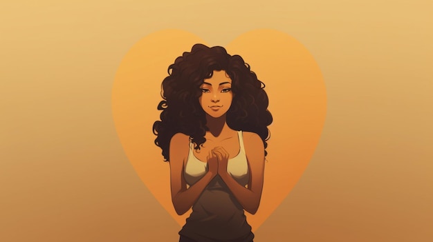 Vector una chica de cabello largo está orando con un corazón en el fondo