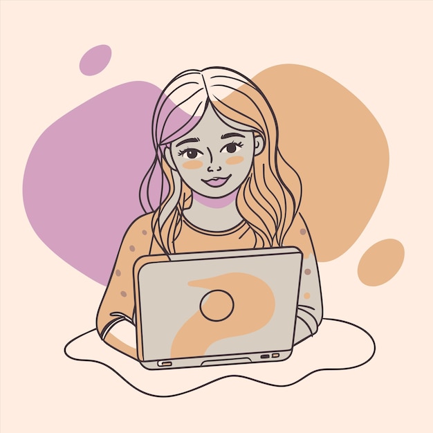 una chica con cabello largo se sienta frente a una computadora portátil con la letra o en ella