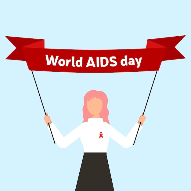 Chica con cabello rosado toma una pancarta, día mundial del sida 1 de diciembre. ilustración vectorial