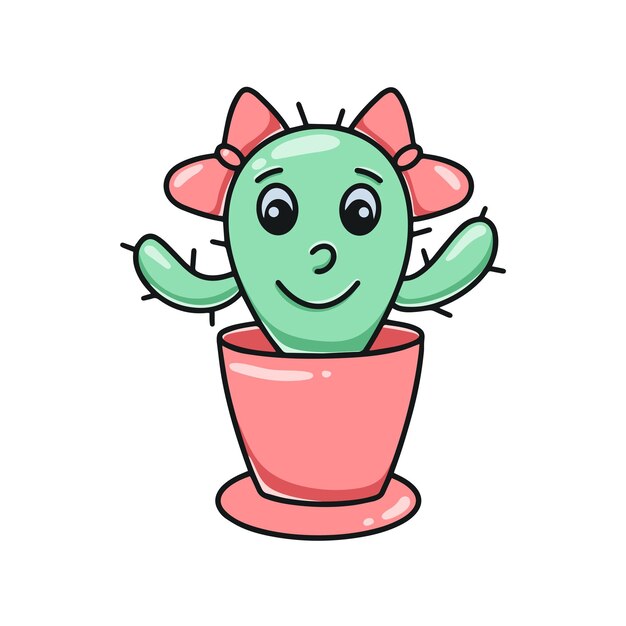 Chica de cactus de personaje con arcos planta de dibujos animados lindo en maceta imagen femenina imagen sonriente linda en maceta