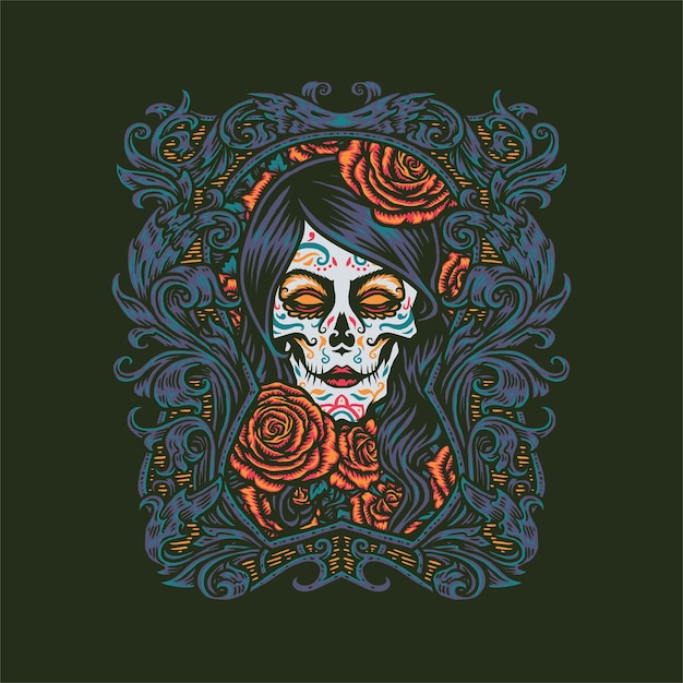 Chica calavera de azúcar, estilo de línea dibujada a mano con color digital