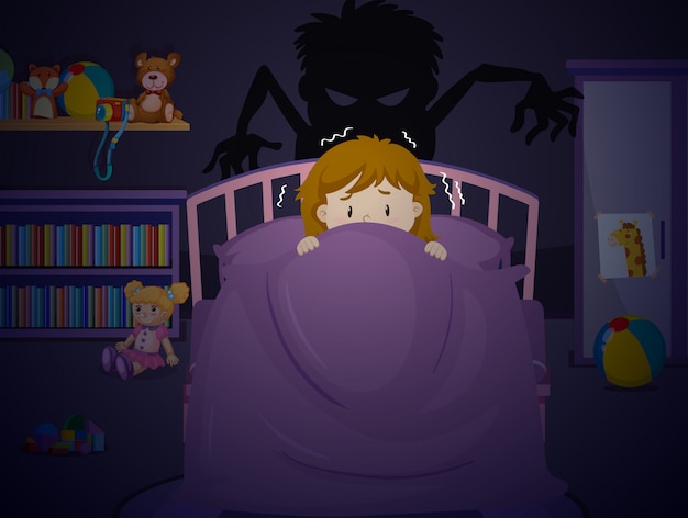 Vector chica en la cama con pesadilla