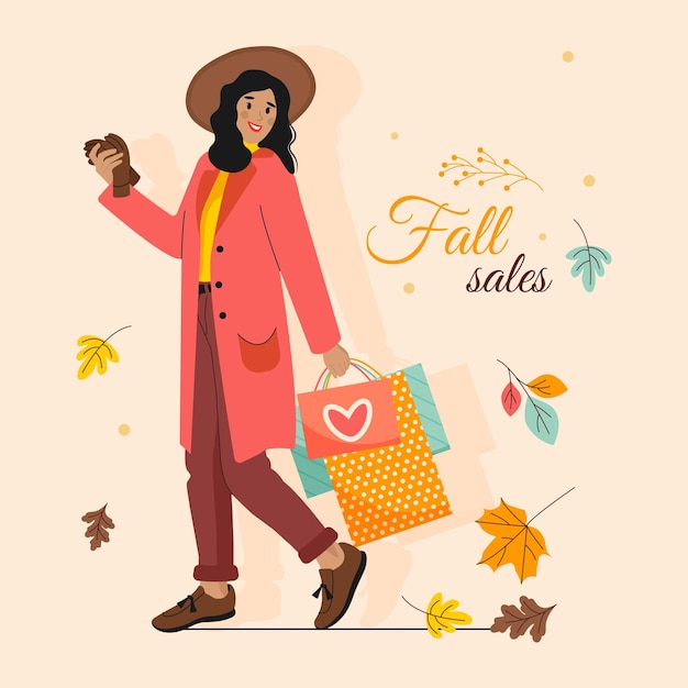 Vector chica camina sosteniendo bolsas de compras en el clima de otoño.