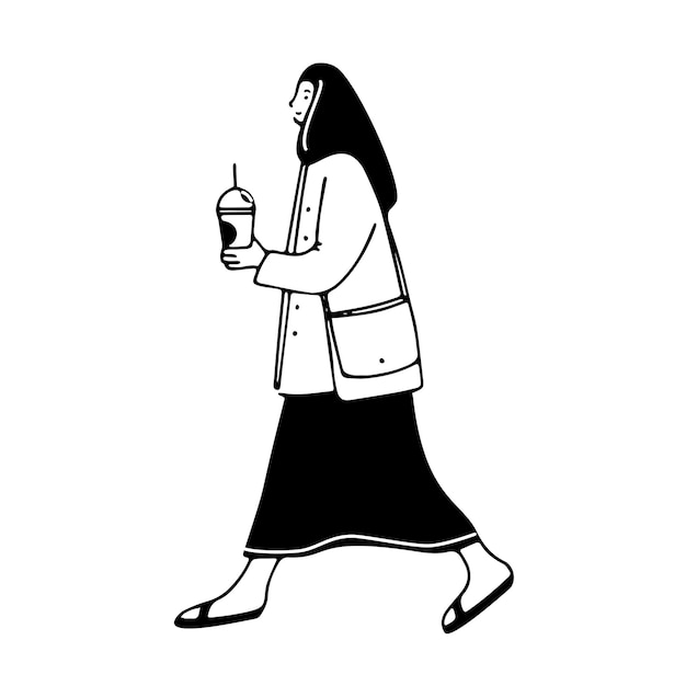 Chica caminando con café doodle ilustración de bebida de mujer en vidrio para llevar carácter de la ciudad