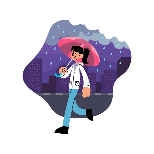 Chica caminando bajo la lluvia con ilustrador de vector plano paraguas