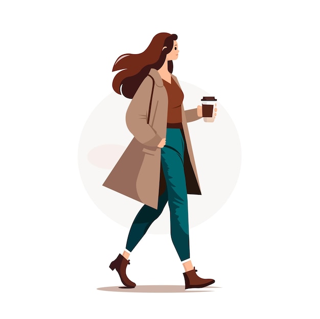 Vector chica caminando tiene café en la mano