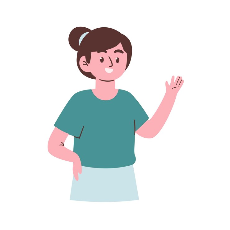 Vector una chica con una camisa azul dice hola