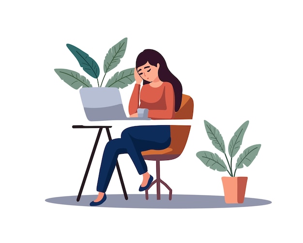 Chica cansada trabajando en la ilustración de vector de computadora