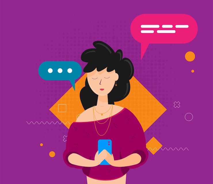 Vector chica con carácter de estilo de diseño plano de gadgets
