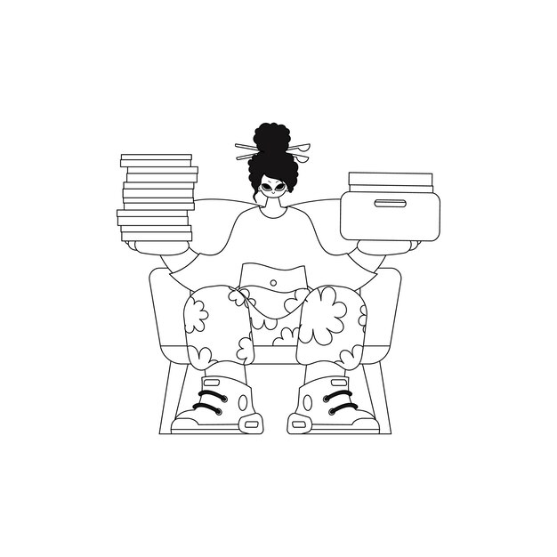 Chica cargando brazos llenos de documentos. Ilustración vectorial lineal.