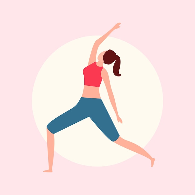 Chica caricaturesca en postura de yoga sobre un fondo soleado de verano concepto de ilustración vectorial plana de relajación y equilibrio yoga y pilates diseño de una chica hermosa y un estilo de vida activo