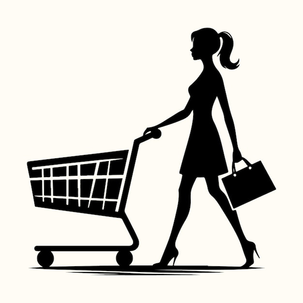 Vector una chica con un carrito de compras ilustración vectorial de silueta