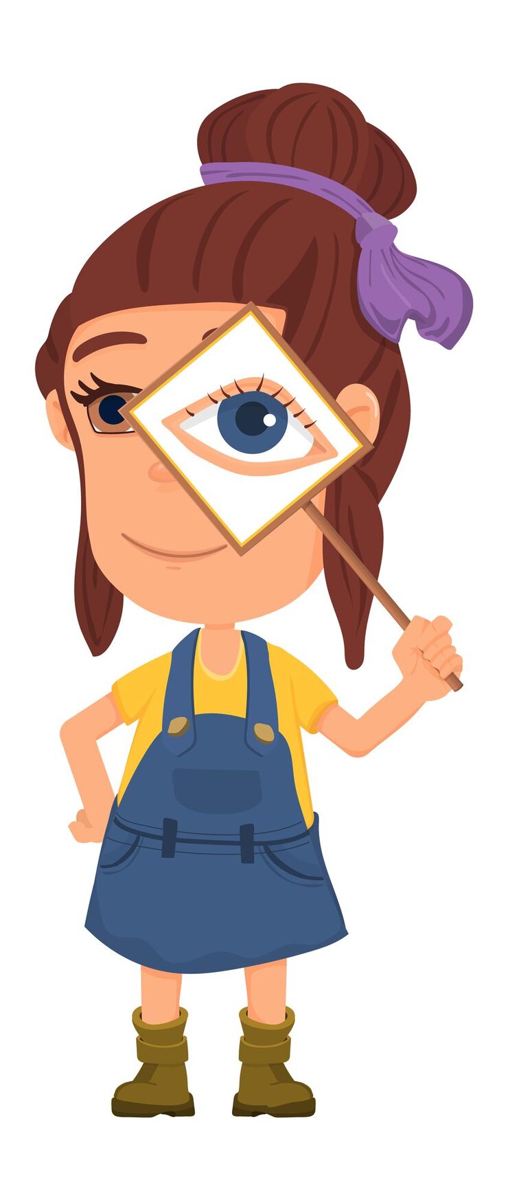 Vector chica con cartel de ojo. buscando concepto. niño de dibujos animados lindo